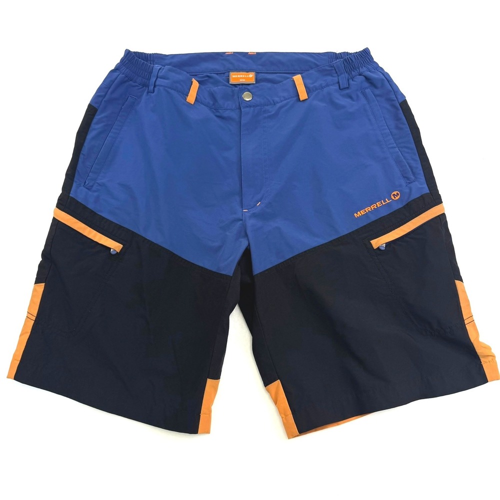 Merrell Mens Hiking Shorts Blue Black Orange Colorblock Cargo Outdoor Size Med